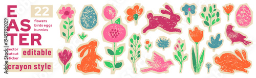Easter flower, egg, bunny collage sticker. Cute crayon hand drawn art. Happy Easter spring floral pattern. Watercolor vector kid bunny rabbit, egg, flower, bird. Color chalk doodle cutout collage bg