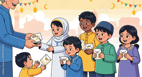 Joyful children receive gifts from an elder during a festive celebration