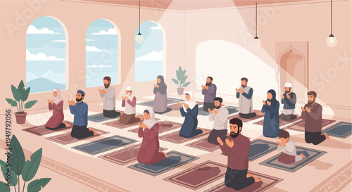 Diverse group of people praying together in a sunlit hall