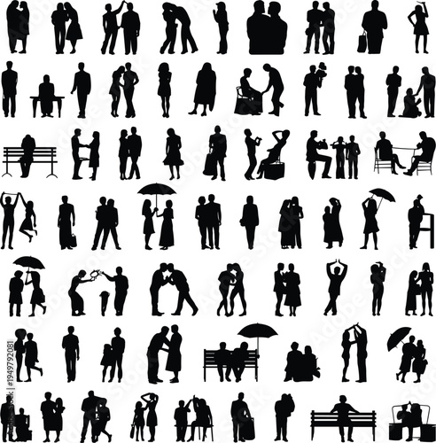 People silhouette collection with couples families and social interactions showing daily life activities isolated vector set for lifestyle relationship community design illustration