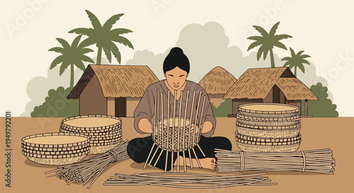 A person weaves baskets with reeds, surrounded by thatched huts and palm trees