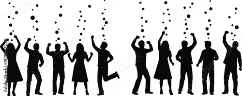 People celebration silhouette with bubbles, happy men and women dancing together, cheering crowd at party, joy and community vector illustration
