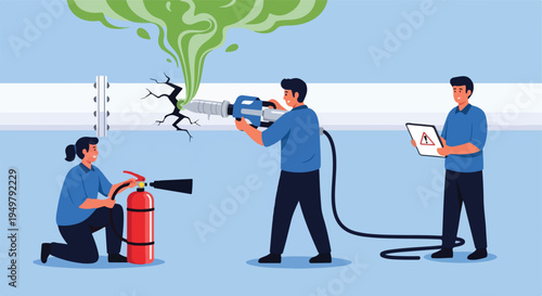 Workers addressing a cracked pipe with a leak and gas emission, one uses a fire extinguisher