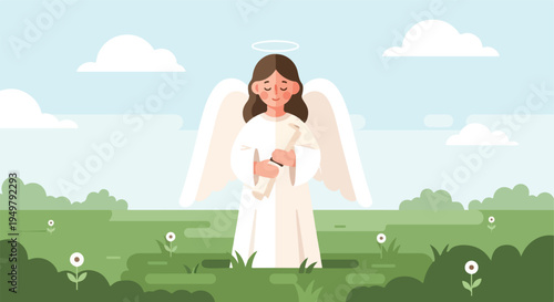A gentle, winged figure with a halo holds a scroll in a serene grassy field