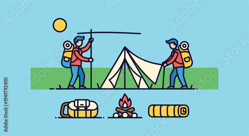 Two hikers set up camp with a tent, campfire, sleeping bag and gear