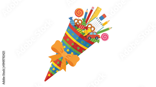 A vibrant bouquet of colorful party supplies spills out in celebration