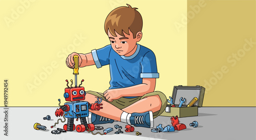 A young boy uses a screwdriver to build a toy robot from its parts