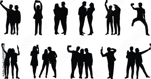 People taking selfies silhouettes with smartphones, friends and couples capturing photos together, modern social media lifestyle, communication and mobile photography concept