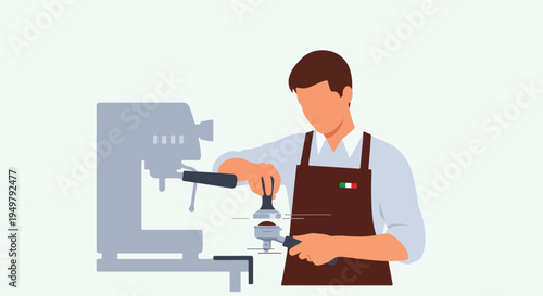 A man in an apron uses a tamper on coffee grounds in an espresso machine