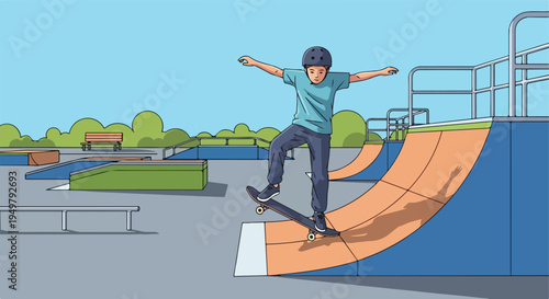 A person wearing a helmet skates down a ramp in a skate park