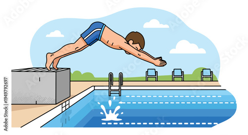 Athletic diver leaps from starting block into a bright blue swimming pool