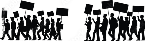 Protest crowd silhouettes marching with banners and signs, activists demonstrating for rights and social change, public protest movement and political rally concept