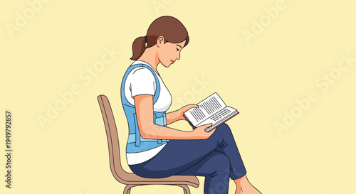 Woman in back brace reads book while sitting on a chair