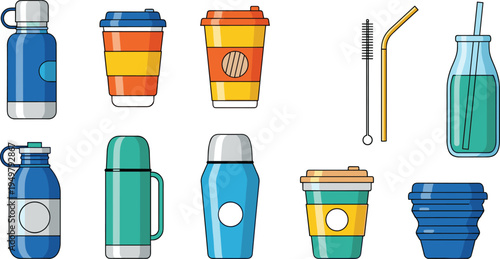 Reusable Drinkware and Eco Friendly Beverage Container Icon Collection Featuring Water Bottles, Travel Coffee Cups, Thermos Flask, Glass Straw Bottle and Collapsible Cup