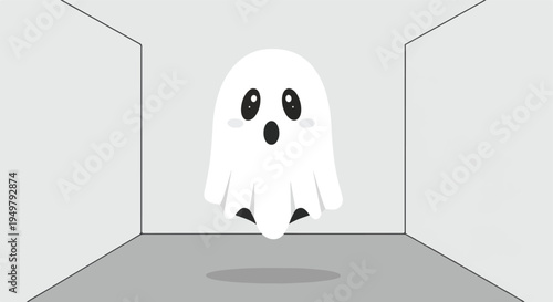 A cute, surprised ghost floats in a minimalist, grey, box-like room