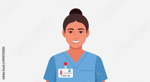 Smiling healthcare professional in blue scrubs, wearing a name tag with a red ribbon