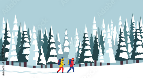 Two hikers with backpacks trek through a snow-covered forest of evergreen trees