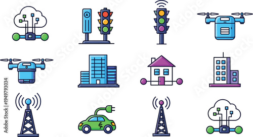 Smart Technology and Urban Infrastructure Icon Collection Featuring Drones, Traffic Lights, Wireless Towers, Electric Cars, Cloud Computing and Smart Buildings
