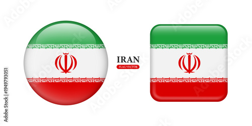 Iran national flag with a glossy glass-like effect in circular and square shapes, isolated on a white background, suitable for sports graphics or infographic media design, vector 3d for design