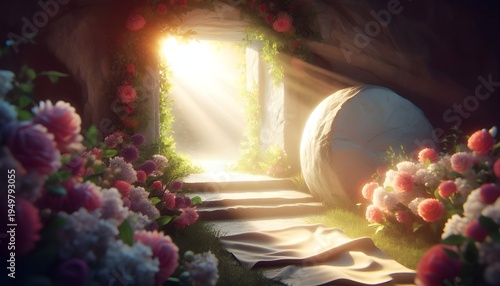Flower filled cave entrance illuminated by sunlight creating a dreamy sacred religious scene background design.