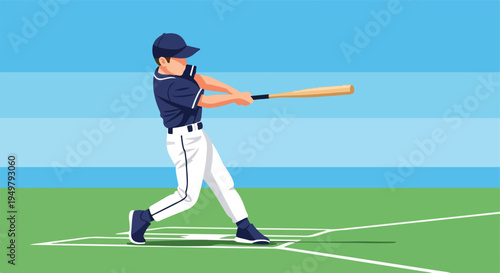 A baseball player in a blue uniform swings a wooden bat on a green field