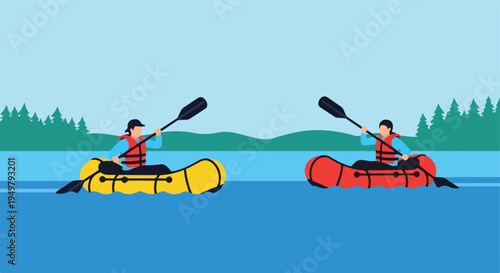 Two people are kayaking in the water with trees in the background