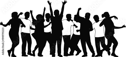 Silhouette crowd of people dancing and celebrating together, energetic group party scene representing music, festival, nightlife, celebration and joyful social gathering
