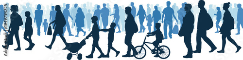 Silhouette crowd of people walking in busy urban environment with families, children and commuters, representing city lifestyle, pedestrian movement, population diversity and daily life