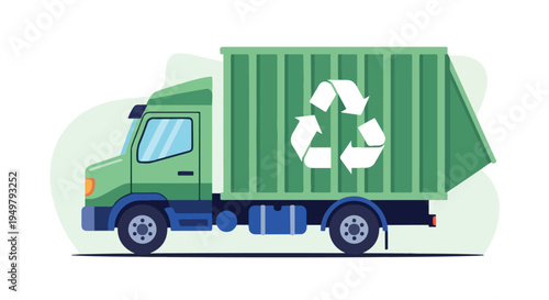 A green truck with a recycling symbol is depicted, illustrating environmental responsibility
