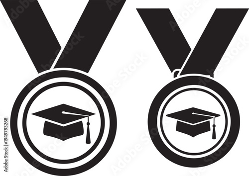 Graduation cap medal silhouette icon set