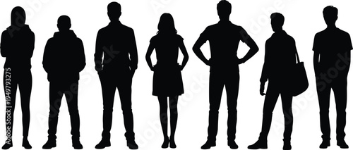 Standing people silhouettes including men and woman in casual poses, diverse human characters representing everyday lifestyle, community, society and modern people concept