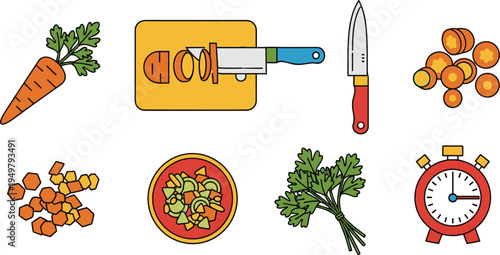 Vegetable Cooking Preparation Icon Collection Featuring Carrot Chopping Board, Kitchen Knife, Diced Carrots, Fresh Parsley, Salad Bowl and Cooking Timer