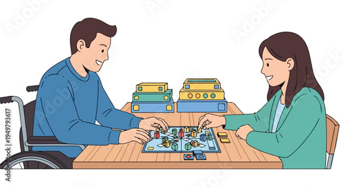 Two people, one in a wheelchair, enjoy a board game at a table
