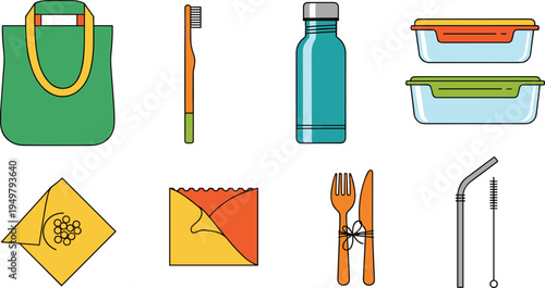 Zero Waste and Eco Friendly Lifestyle Icon Collection Featuring Reusable Bag, Water Bottle, Glass Food Containers, Bamboo Toothbrush and Metal Straws
