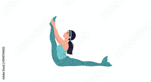 A mythical mermaid gracefully stretches one leg straight up while in a seated pose