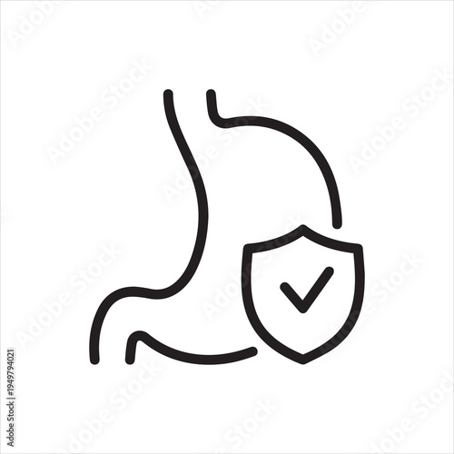 Stomach with shield, linear icon. gastrointestinal protection, probiotics or treatment. Line with editable stroke.