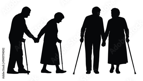 Silhouette of four seniors walking together some using walking sticks for support