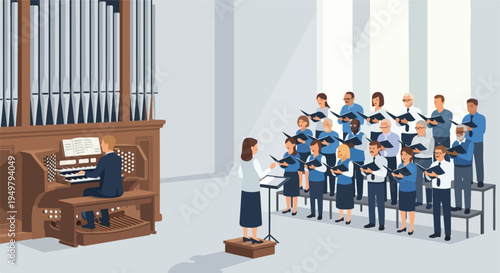 A choir performs in front of a pipe organ with a conductor