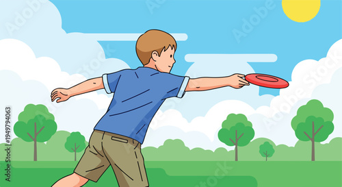A boy throws a frisbee in a park with trees and a bright sun