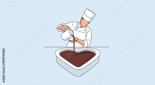 A chef carefully pours melted chocolate into a heart-shaped mold