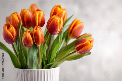 Vibrant Orange Tulips in White Pot.