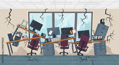 Office after earthquake, desks collapsed, filing cabinets tipped, walls cracked