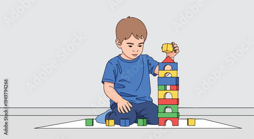 Young boy intently stacking colorful building blocks into a tall tower