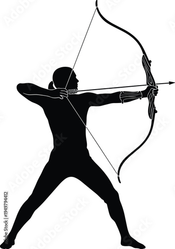 Archer Silhouette Vector Illustration Aiming Bow and Arrow for Sports Competition Traditional Archery Hobby Hunting Warrior Strength and Precision Focus Concept