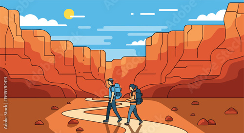 Two hikers explore a vibrant desert canyon under a bright blue sky