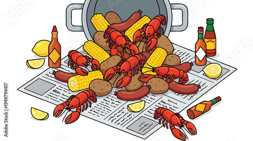 A vibrant seafood boil with lobsters and corn on a newspaper