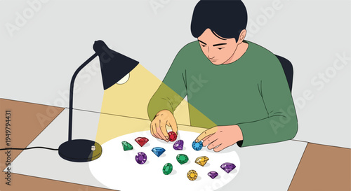 Person examines assorted precious stones under a lamp