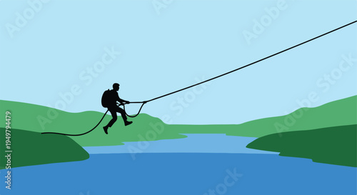 Silhouette of a person on a tightrope over a river with lush green hills