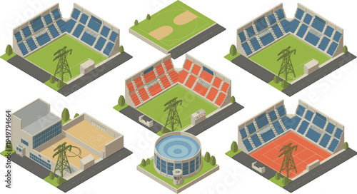 Isometric sports stadium collection, soccer stadium, basketball court, tennis arena, baseball field, sport complex infrastructure, urban stadium vector illustration