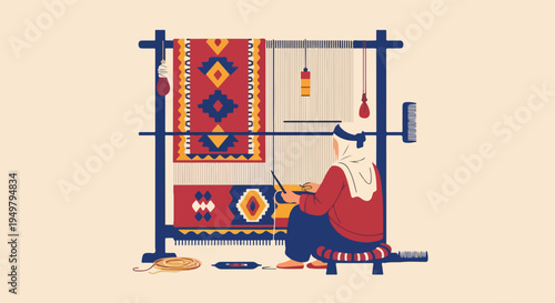 A person is shown weaving a colorful rug on a wooden loom